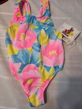 Richman Gordman Girls 4/6X One Piece Swimsuit Pink Blue Yellow Floral Made USA